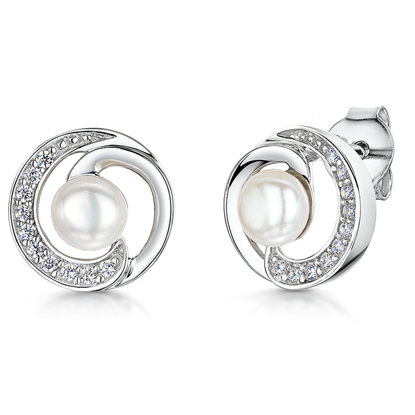 STERLING SILVER AND PEARL SWIRL EARRINGS WITH WHITE ZIRCONIAS Earrings - JOOLS By Jenny Brown