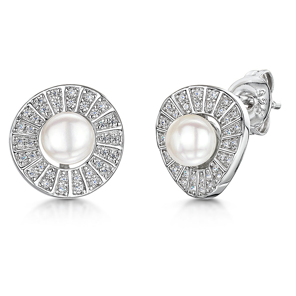 STERLING SILVER AND PEARL EARRINGS IN AN ART DECO STYLE BAGUETTE WHITE ZIRCONIA SURROUND Earrings - JOOLS By Jenny Brown
