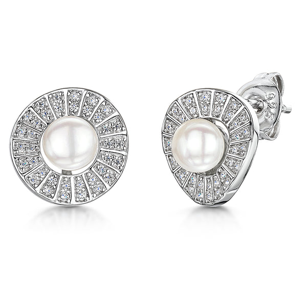STERLING SILVER AND PEARL EARRINGS IN AN ART DECO STYLE BAGUETTE WHITE ZIRCONIA SURROUND Earrings - JOOLS By Jenny Brown
