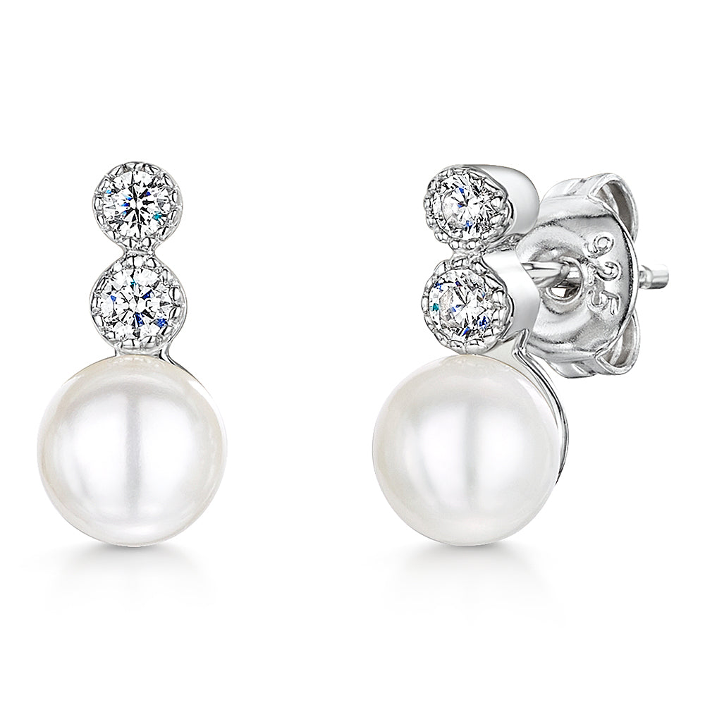 STERLING SILVER AND PEARL EARRINGS SET WITH TWO WHITE ZIRCONIA STONES Earrings - JOOLS By Jenny Brown
