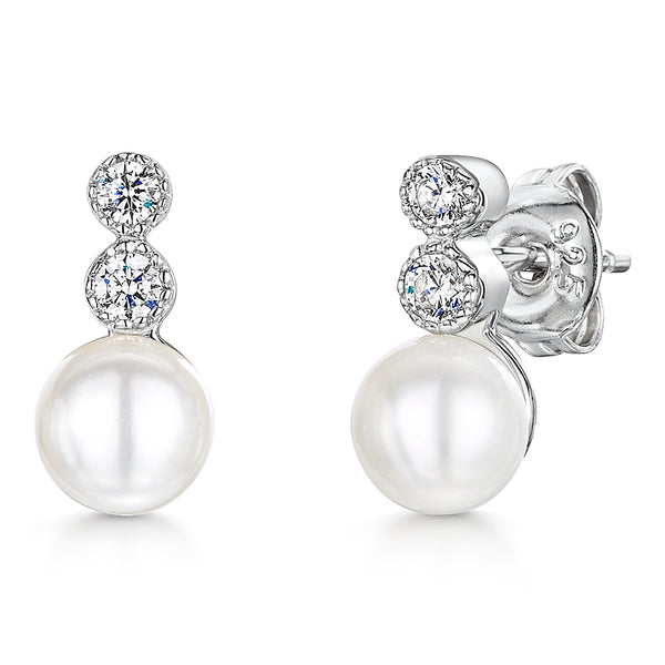 STERLING SILVER AND PEARL EARRINGS SET WITH TWO WHITE ZIRCONIA STONES Earrings - JOOLS By Jenny Brown