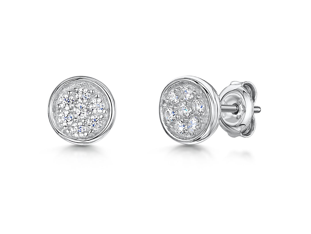 Sterling Silver Round Pave Set Stud Earrings