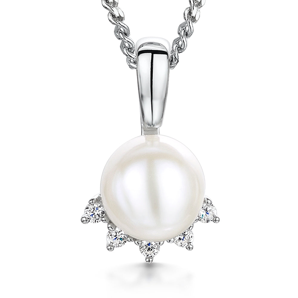 STERLING SILVER  PEARL NECKLACE WITH A FIVE WHITE ZIRCONIA STONE HALO Necklace - JOOLS By Jenny Brown