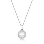 Load image into Gallery viewer, A sterling silver pendant with a central white freshwater pearl surrounded by a halo of cubic zirconia stones, on a silver chain-JOOLS by Jenny Brown
