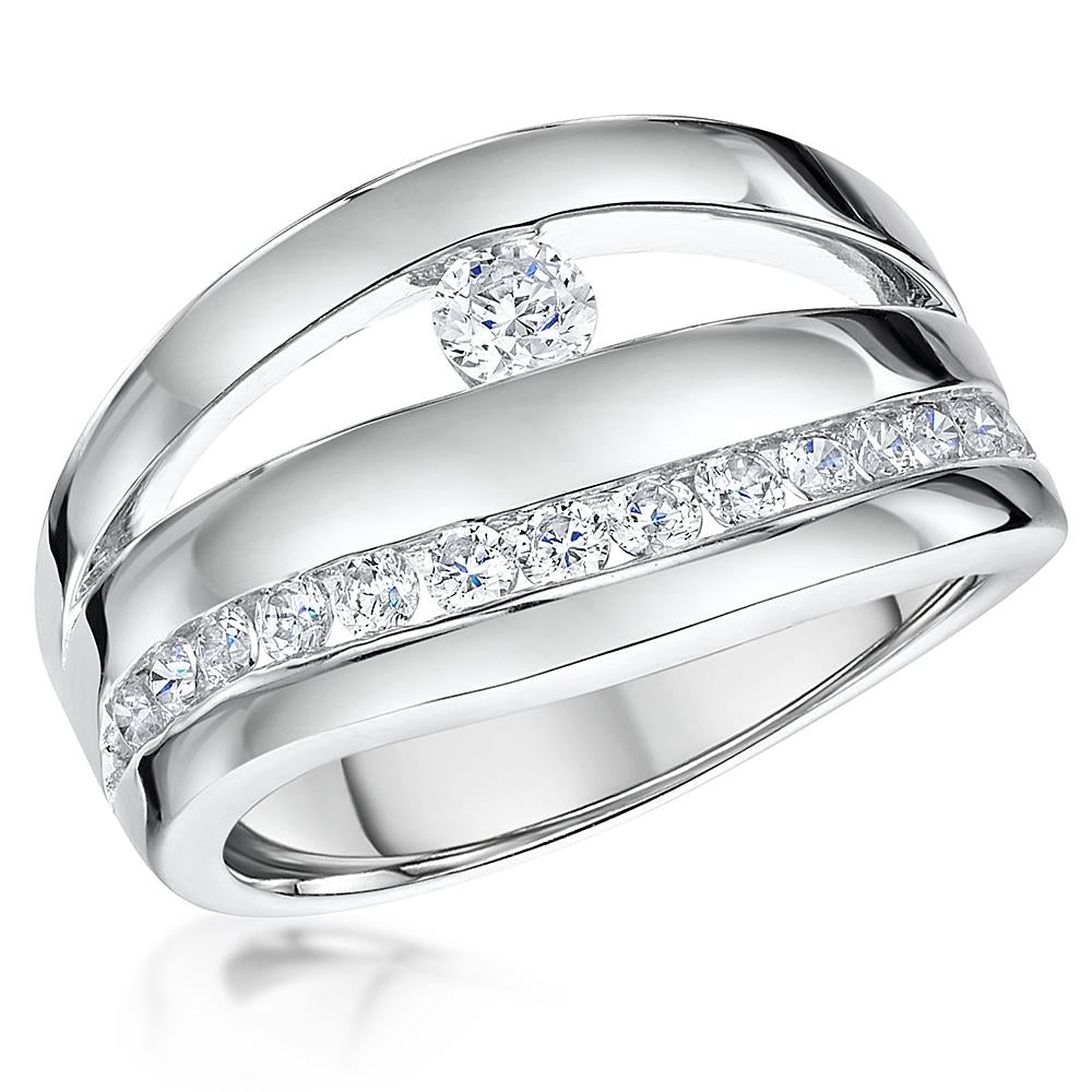 Sterling Silver Triple Band Ring  With A Single Round Stone - JOOLS By Jenny Brown