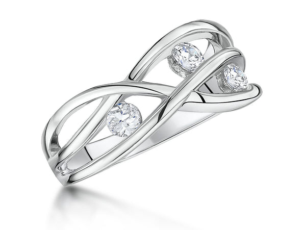 Sterling Silver  Crossover Band Ring  Set With Three  Cubic Zirconia StonesRings - JOOLS By Jenny Brown