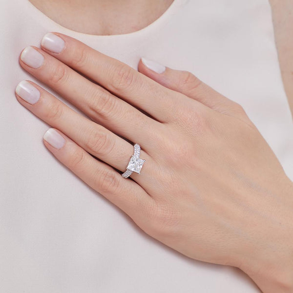 Sterling Silver Princess Cut Square Solitaire Ring Set 3  Carat Centre Stone With Stone Set Shoulders - JOOLS By Jenny Brown