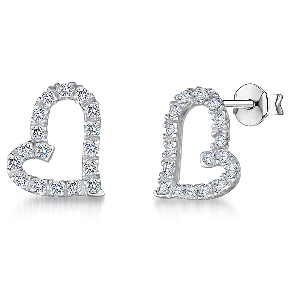 Sterling Silver Cubic Zirconia Offset Heart Earrings