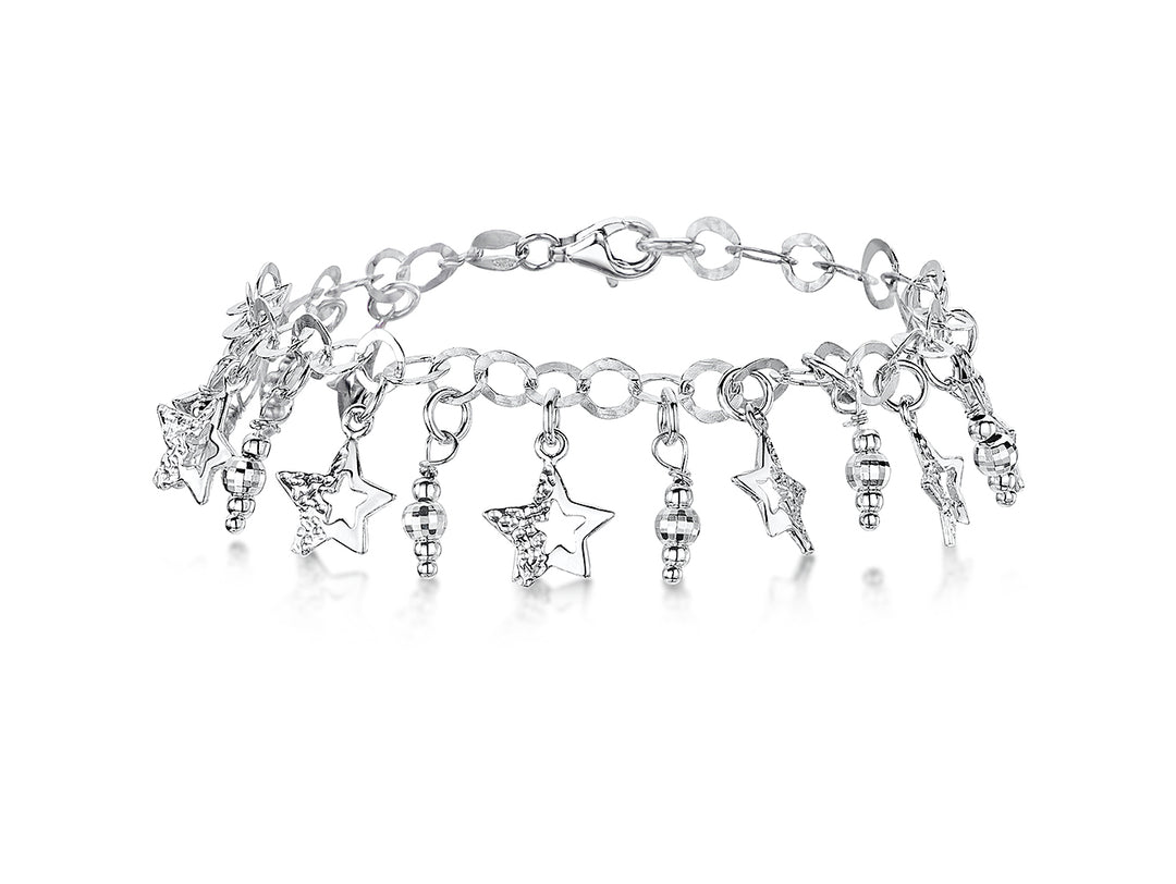Sterling Silver And Cubic Zirconia Charm Style Bracelet With Dangly Stars