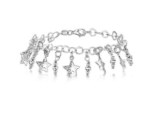 Sterling Silver And Cubic Zirconia Charm Style Bracelet With Dangly Stars