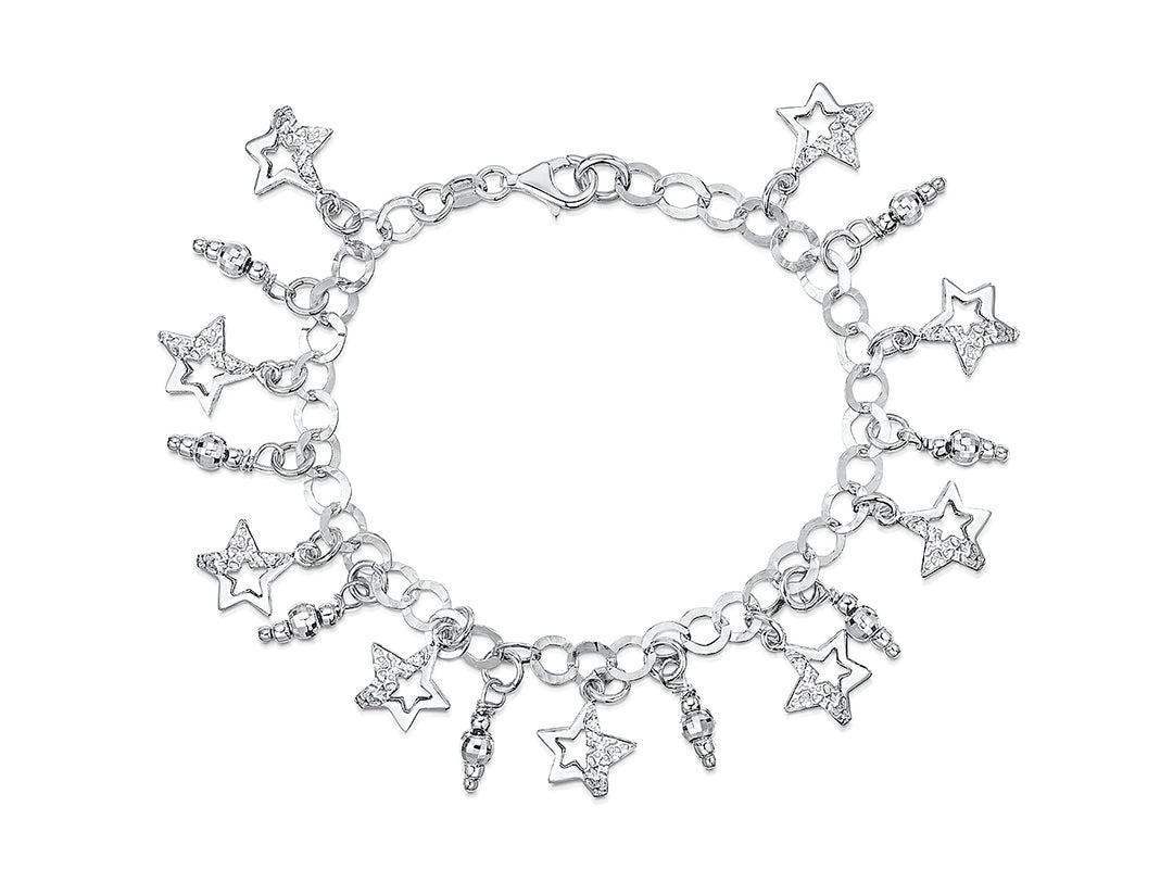 Sterling Silver And Cubic Zirconia Charm Style Bracelet With Dangly Stars