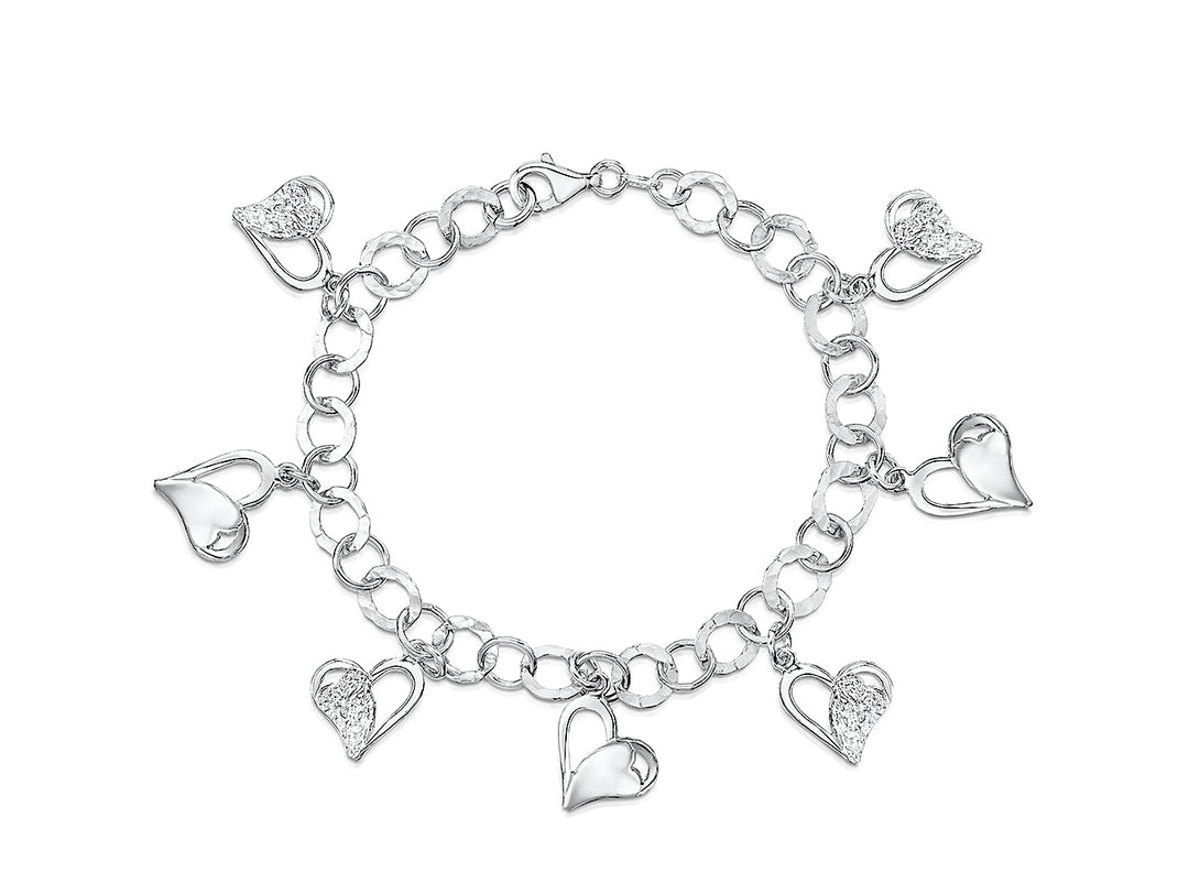 A sterling silver charm bracelet with dangly heart-shaped charms and additional cubic zirconia -JOOLS by Jenny Brown