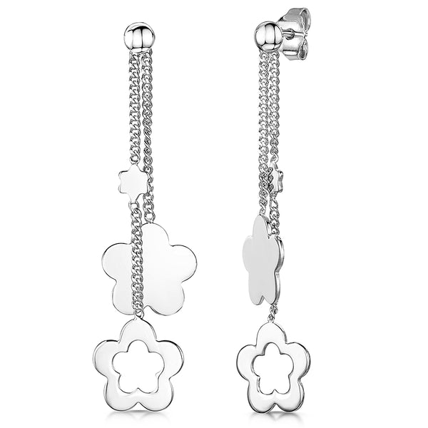 Sterling Silver Drop Earring With Solid & Open Flowers