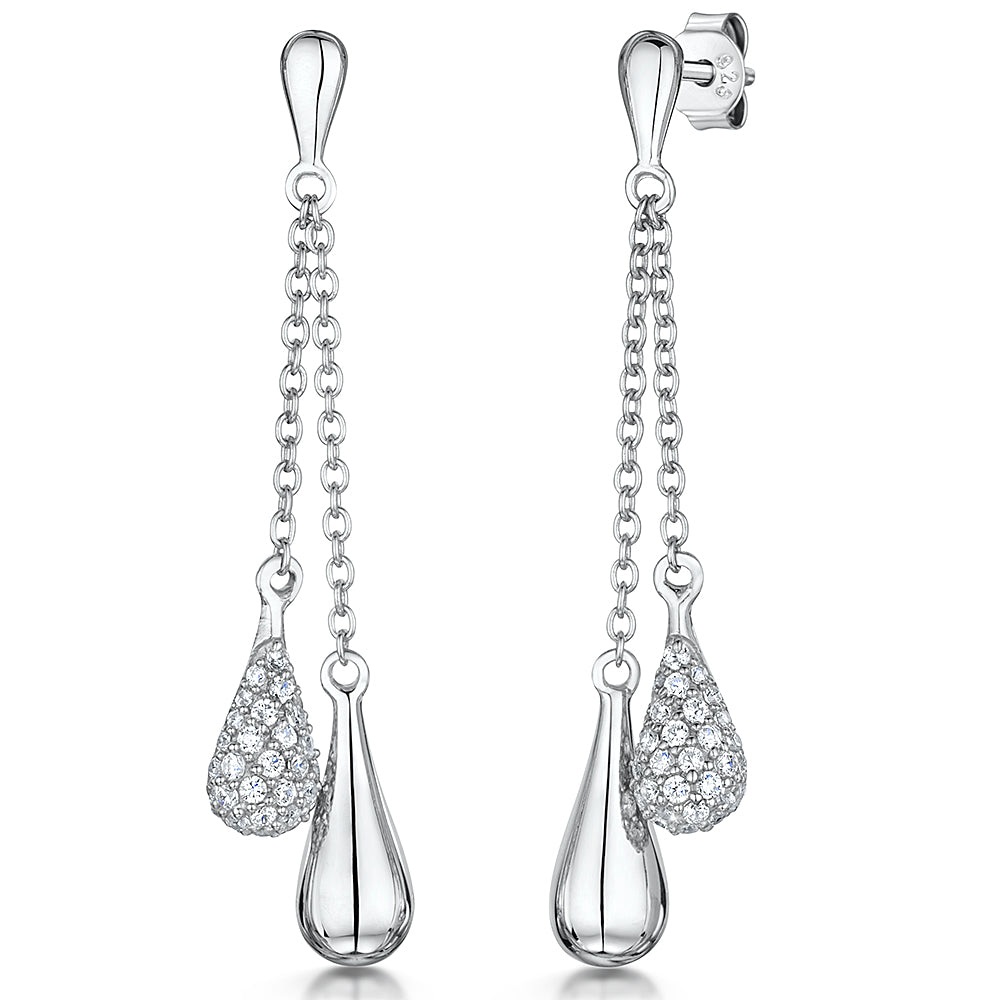 A pair of sterling silver pear drop earrings with chain detailing, featuring cubic zirconia stones.