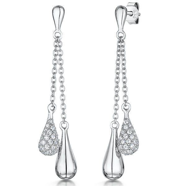 A pair of sterling silver pear drop earrings with chain detailing, featuring cubic zirconia stones.