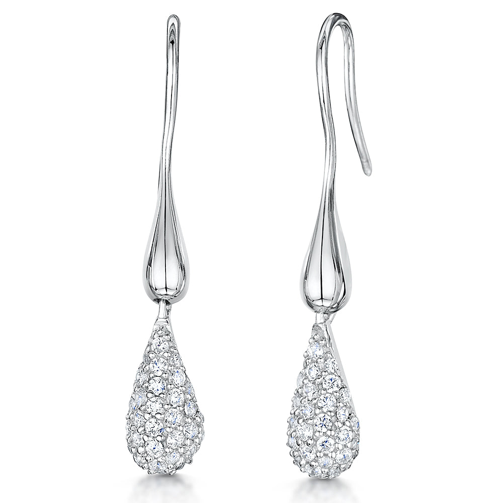 Sterling Silver  Pave & Plain Drop Earrings