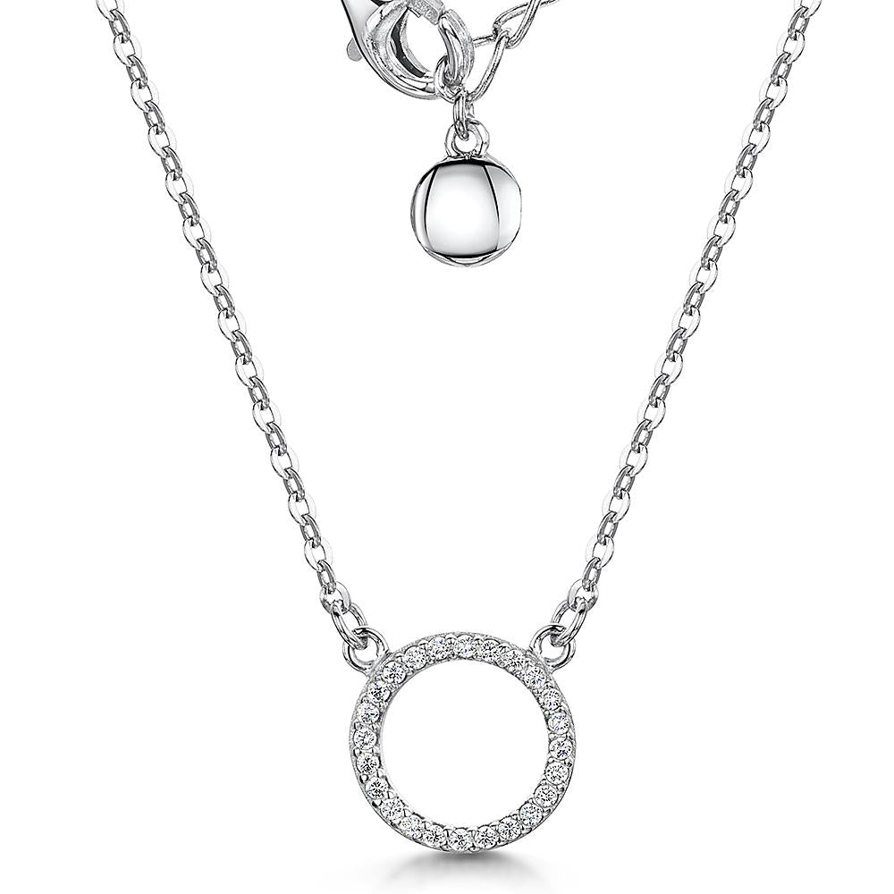Sterling-Silver-Circle-Set-With-White-Cubic-Zirconia-Stones-Suspended-on-A-Fixed-Silver-Chain