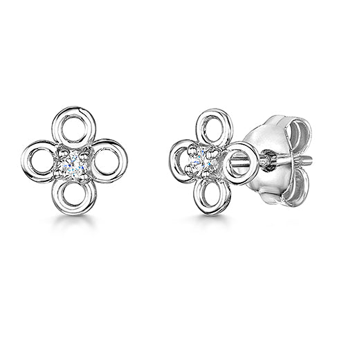 Sterling Silver Stud Earring With 4 Round Open Petals And Central CZ