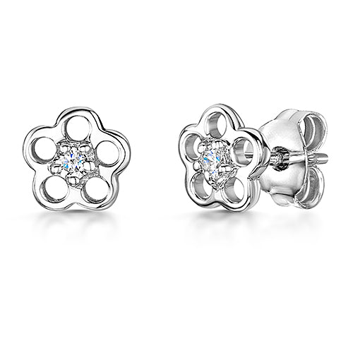 Sterling Silver Flower Studs With Circle Cutout Petals And Cubic Zirconia