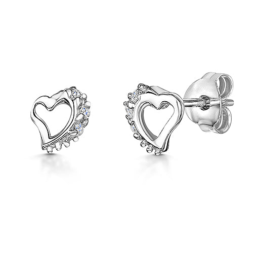 A pair of sterling silver half-offset heart stud earrings with cubic zirconia accents.-JOOLS by Jenny Brown