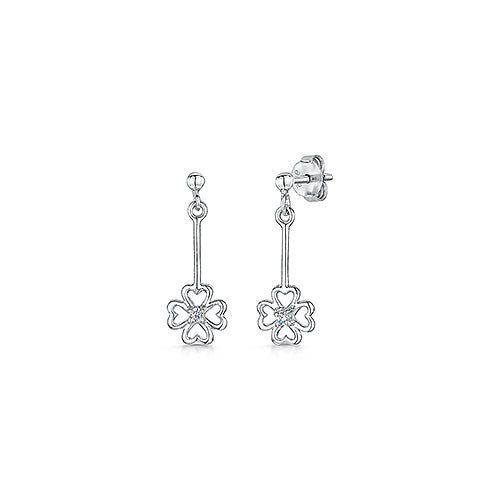 Sterling Silver Drop Earring With Heart Flower Petals And Cubic Zirconia