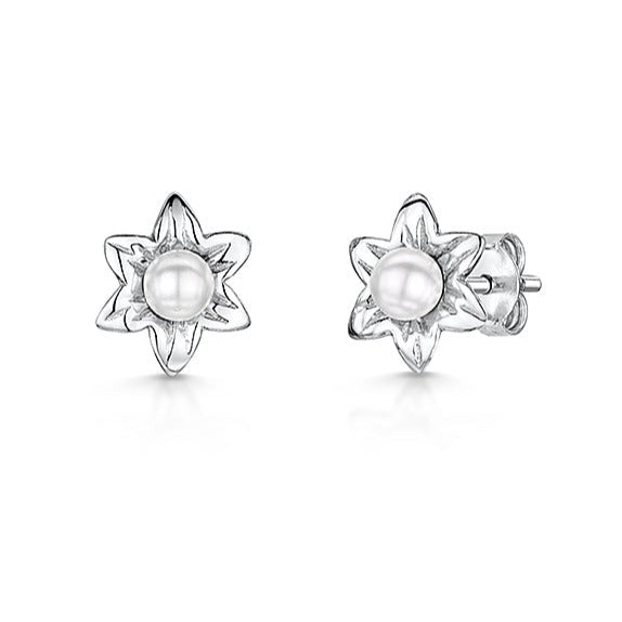 Sterling Silver Flower Studs Set With Pearl
