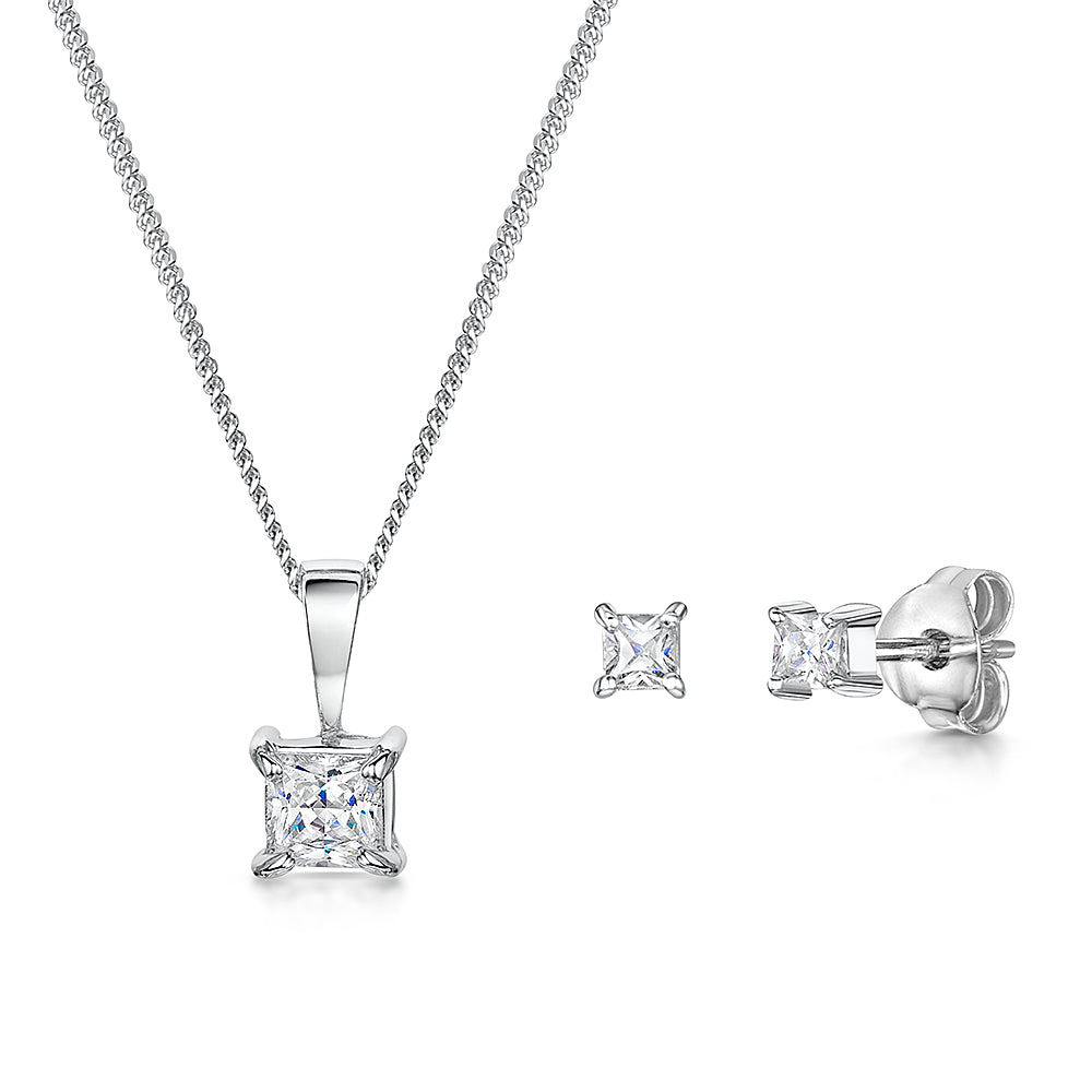 Sterling Silver Princess Cut Square Cubic Zirconia  Pendant And Earring-HYPOALLERGENIC- Tarnish free - JOOLS By Jenny Brown