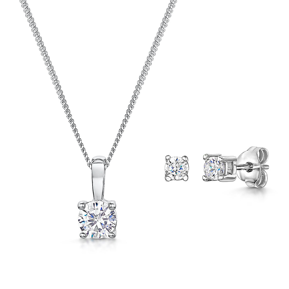 Sterling Silver Solitaire Round Brilliant Cut Pendant and Earring Set  With Cubic Zirconia Stonnes - JOOLS By Jenny Brown