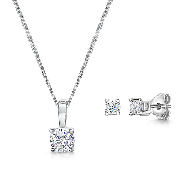 Sterling Silver Solitaire Round Brilliant Cut Pendant and Earring Set  With Cubic Zirconia Stonnes - JOOLS By Jenny Brown
